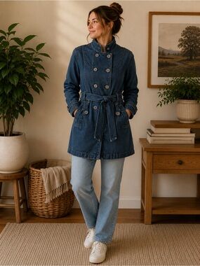 OVS Young Denim Trench Coat Belted Size M Blue Double Breasted Vintage Y2K